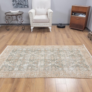 4x6 Neutral Turkish Rug, muted Vintage 4x6 Rug, Small Anatolian Wool Rug 4x6, faded green brown Colors Rug, Handmade wool Rug 3.6x6.5 feet
