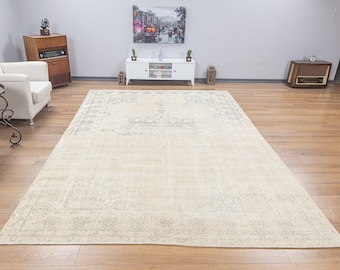 Oversize Wool Turkish Rug 8x11, Pale Hand Woven Rug, Neutral Vintage Large Size Quiet Rug, Bedroom Rug, Antique Rug, Oriental Rug