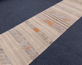 Vintage Kilim Runner Rug, Beige Brown Flatweave, Turkish Handmade (2x8)