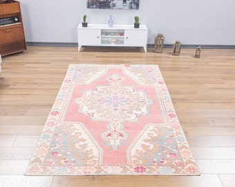 Handmade 4x7 Wool Oushak Rug, Pink Floral Vintage Turkish Carpet