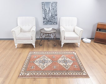 4x5 Vintage Handmade Oriental Turkish Oushak Rug, 4x5 Authentic Bohemian Area Rug, Antique Carpet for Home Decor, Unique Floor Rugs