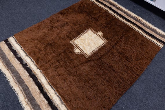 4x6 Natural Handspun Pure Wool with brown and beige Striped Kilim, 4x6 Long Pile Wool Rug, Turkish Vintage kilim, 4x6 Gift Handwoven Kilim