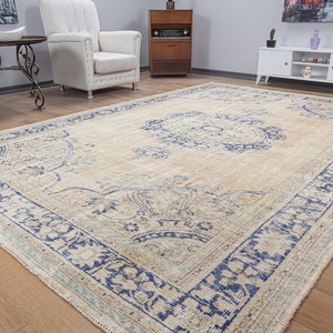 70's Neutral Vintage Turkish oversize Carpet 8x11 Large Area Rug Neutral Beige&blue Anatolian Rustic Rug, Antique Oushak Patterned Pale Rug