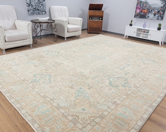 10x13 Oversize Vintage Area Rug, Large Oushak Handmade Wool Rug, Oversized Pastel Turkish Rug, 10x13 Extra Large Hall, Living Room Rug