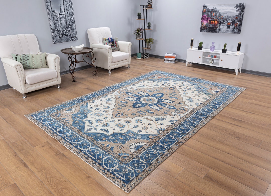 70s Persian Rug, Indigo Blue White Vintage Rug for Living Room, Natural