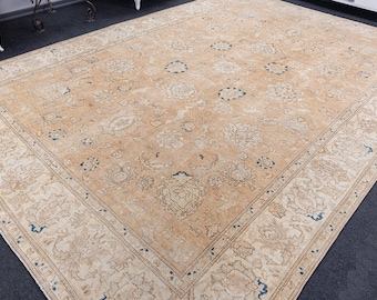 Vintage Turkish Oushak Rug, 10x13 Neutral Wool Living Room Rug