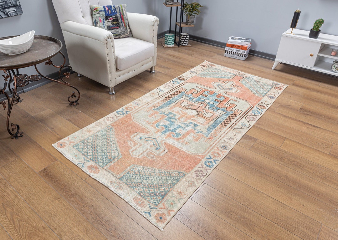 3x7 Area Orange Rug, Handmade Wool Carpet, Bohemian Decor Carpet ...