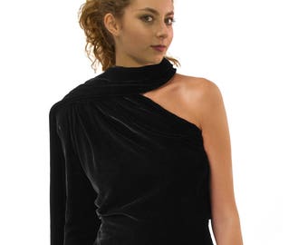 Women's Blouse, Asymmetric Top, Velvet Top, One Shoulder Top, Extravagant Top, Black Blouse, Black Shirt,One Shoulder Blouse,Black Party Top