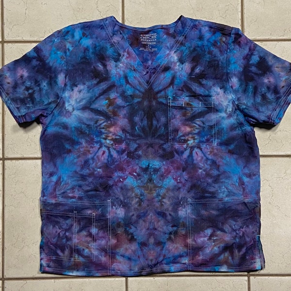 SCRUB TOP!-Unisex L Large tie dye/ice dye Cherokee brand symmetric blue purple plum--cotton blend with somewhat softer/diffused dyeing #F15