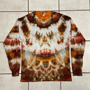 Unisex L Large (runs small)-long sleeve tie dye/ice dye t-shirt--symmetric earth tones--brown white gray maroon orange peach...#C38