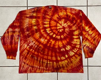 Unisex 3XL 3X XXXL long sleeve tie dye/ice dye t-shirt--Spiral in orange, red & yellow with a little brown... #C31