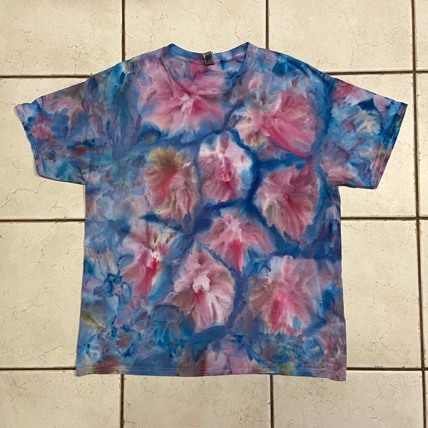 Unisex/men's XL Extra Large heavy weight tie dye/ice dye t-shirt-flowers/floral motif--pink, purple, blue, gray-brown #L81