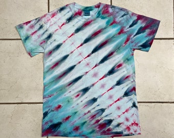 Adult Unisex M Medium Tie dye/ice dye t-shirt--linear diagonal shirt dyed with pink teal jade white #F10