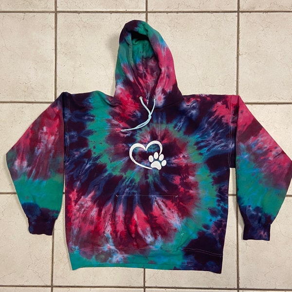 Unisex L Large Heavyweight Hoodie tie-dye pink purple blue-green jade spiral with heart/paw--hooded sweatshirt pullover pouch pocket #M40