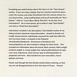 May include: Text on a cream-colored background provides instructions on finding item details, including sizing information, brand, fabric content, and care instructions. The text advises reading the item details before ordering.