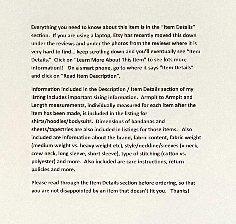 May include: Text on a cream-colored background provides instructions on finding item details, including sizing information, brand, fabric content, and care instructions. The text advises reading the item details before ordering.