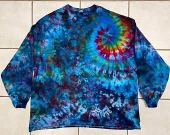 Unisex 4X 4XL long sleeve heavy weight cotton tie dye/ice dye t-shirt--rainbow spiral / blue navy gray "scrunch"#C17