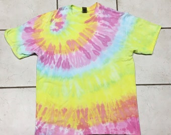 Unisex L Large tie dye t-shirt soft ringspun cotton,heavy weight crew neck tee-pastel spiral pink blue green yellow orange #121