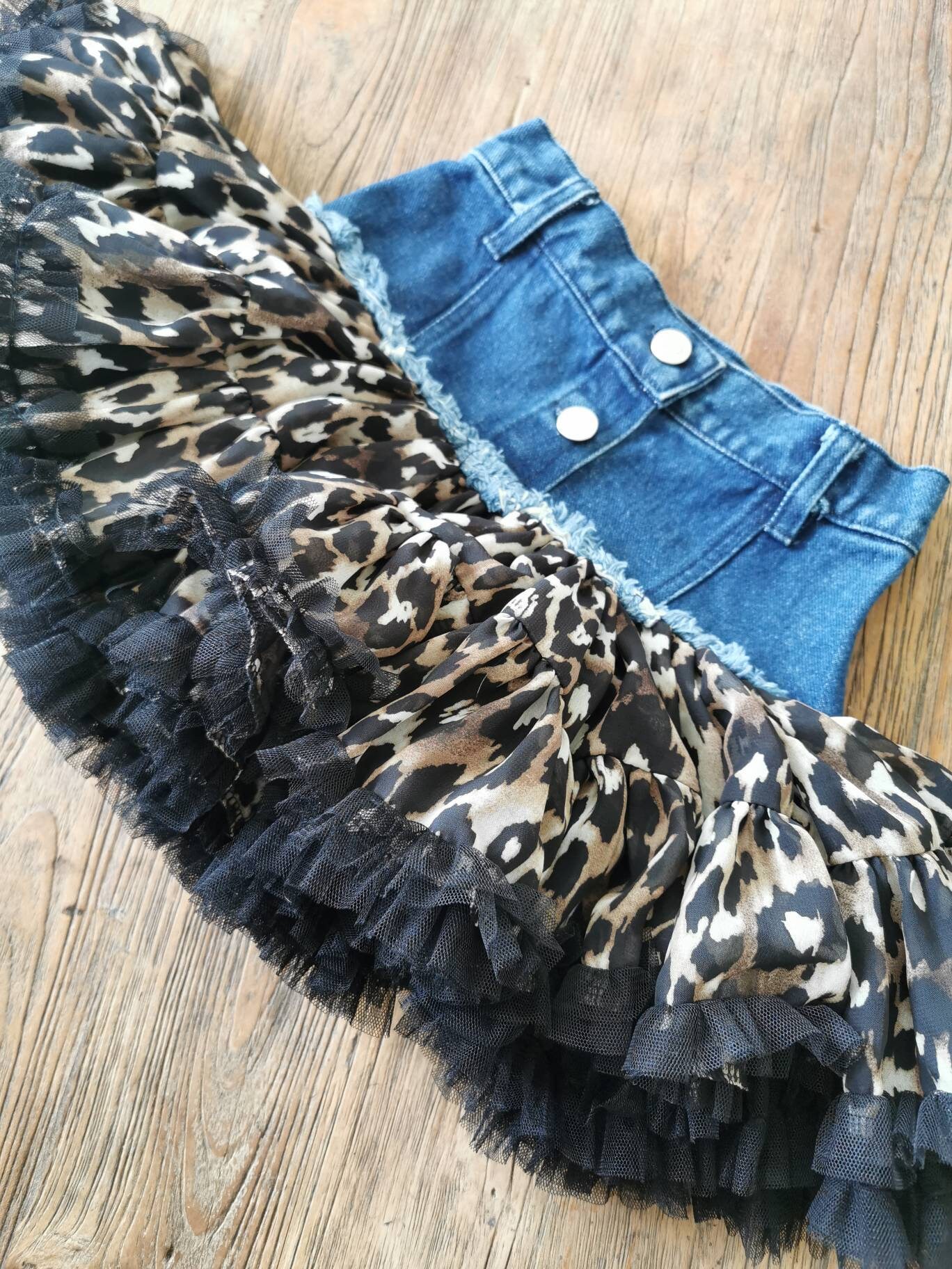 Denim leopard Tutu skirt, Denim full circle skirt, Denim and Tuille festival skirt, Tuille dance skirt