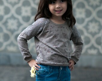 Vintage washed Sweatshirt, Flower Sweatshirt, Lace insert Sweatshirt, Cotton Washed jumper, Unique Jumper, Bohemian Child, Tween clothing