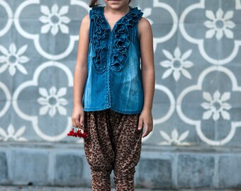 Girls Denim Ruffle Top 2-3 to 7-8 yrs, vintage wash denim top, Boho Girls Top, Boho chic, Festival kid