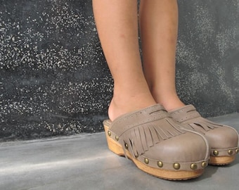 Childs Fringed Clogs, Leather Clogs, Handmade Clogs, Wooden Heel Clog,