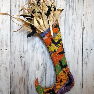 Primitive Halloween Scrap Stocking with Bats