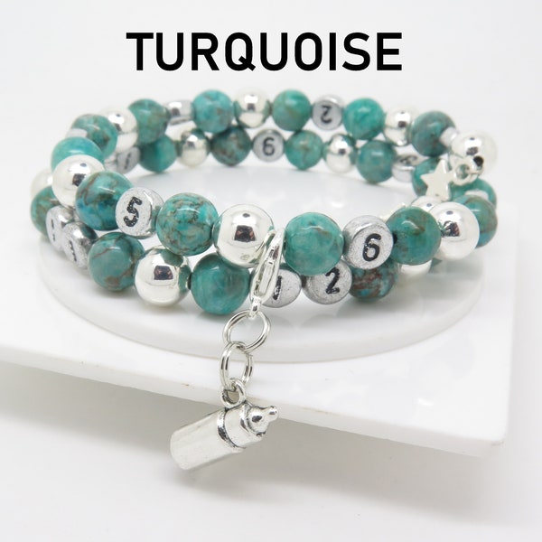 Bracelet d'allaitement pierres fines turquoise et personnalisable avec choix breloque, cadeau future maman, nouvelle maman