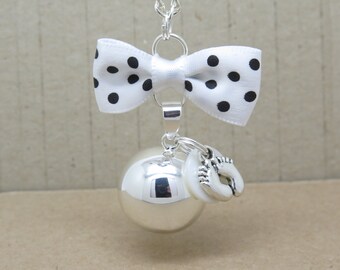 silver bola-plated silver bola smooth customizable white bow with polka dots and small feet gift of pregnancy F of Bm creations