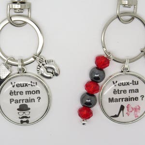 customizable key rings for a birth, a baptism: do you want to be my godfather, my godmother? godmother request godfather request Duo