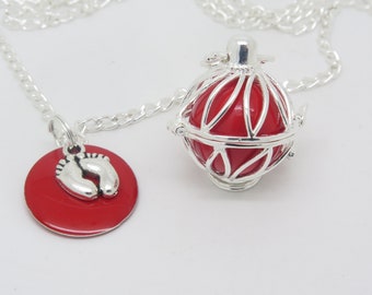 Pregnancy bola SILVER plated customizable red sequin and small feet charm future mother gift F by Bm creations