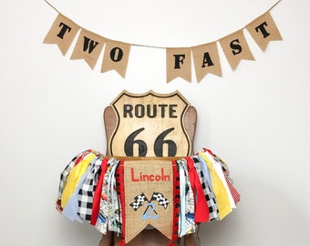 Two Fast Car Second Birthday High Chair Banner/Burlap Banner/Boy Party Decor/Vintage Classic Cars Truck Theme/Blue Yellow Red/Checkered Flag