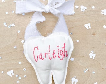 Tooth Fairy Pillow with Name First Lost Tooth Holder Hand Embroidered Name Tooth Holder Tooth Door Hanger Custom Gift Girl Boy Present