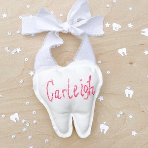 Tooth Fairy Pillow with Name First Lost Tooth Holder Hand Embroidered Name Tooth Holder Tooth Door Hanger Custom Gift Girl Boy Present image 1
