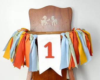 Guirnalda retro colorida para trona de primer cumpleaños: Guirnalda de tela arcoíris estilo boho