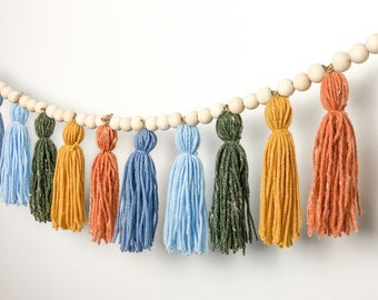 Boho Yarn Tassel Garland: Retro Rainbow Wood Bead Decor
