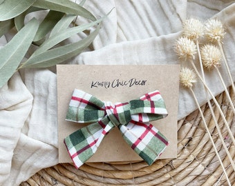 Traditional Christmas Fabric Hair Bow Red and Green Plaid Hand Tied Hair w red and green plaid Handmade bow Christmas Outfit Accessory