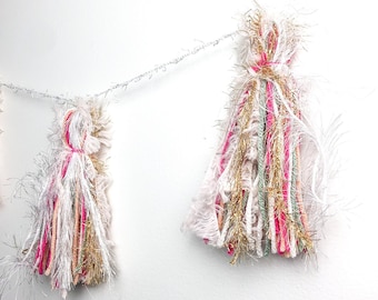 Whimsical Yarn Tassel Garland: Pink, Green & Gold Boho Decor