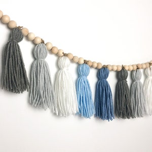 Boy Baby Shower Boy Nursery Decor Yarn Tassel Wood Bead Garland Boy Room Wall Hanging Bluey Party Modern Grayish Calm Nursery Decor Boy Blue