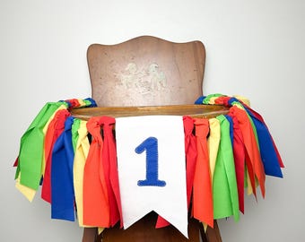 Guirnalda de arcoíris para trona de primer cumpleaños: guirnalda de tela de colores primarios, ¡diversión garantizada!