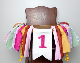 Girls Just Wanna Be One Highchair Banner: Retro Colorful Girls First Birthday Fabric Garland