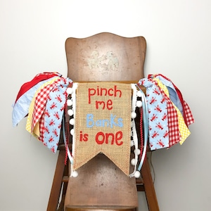 Crawfish Boil High Chair Banner Pinch me I'm One Summer Lobster First Birthday Boiling with Excitement Red Light Blue Yellow Personalized image 2