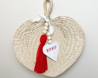 Valentine Day Decor Boho Valentines Heart Wall Hanging Natural Raffia Embroidered Tag XOXO Be Mine Boho Valentines Decor