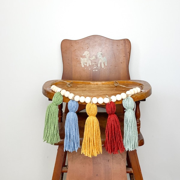 Boho Yarn Tassel Garland: Retro Rainbow Wood Bead High Chair Banner