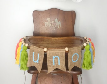 Guirnalda para silla alta de fiesta: Guirnalda de borlas de arpillera "Uno"