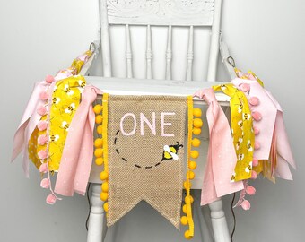 Bee First Birthday High Chair Banner Pink and Yellow Bee Party Honey Bee Cake Smash Photo Shoot Prop Bee Party Decor Fun to Bee One Bee 1st