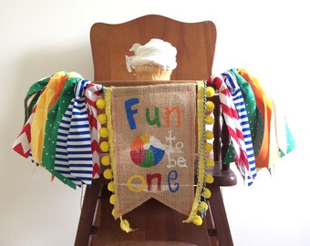 Pool Party High Chair Banner/First Birthday Cake Smash Photo Shoot Prop/Party Decor/Beach Ball Summer Fun to be One/Splish Splash