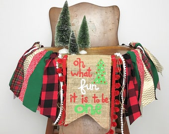 Christmas High Chair Banner Red Black Buffalo Plaid Oh What Fun It Is To Be One First Birthday Party Decor Winter ONEderland Pancake Smash