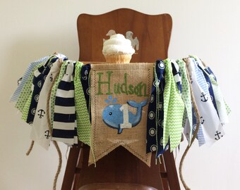 Whale High Chair Banner/Lime Green Navy Blue Light Blue Seersucker/Nautical Anchor/First Birthday Cake Smash Photo Shoot Prop/Party Decor