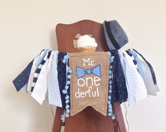 Mr. Onederful High Chair Banner/Little Man First Birthday Cake Smash/Navy and Light Blue/One Year Old Birthday Party Decor/Photo Shoot Prop